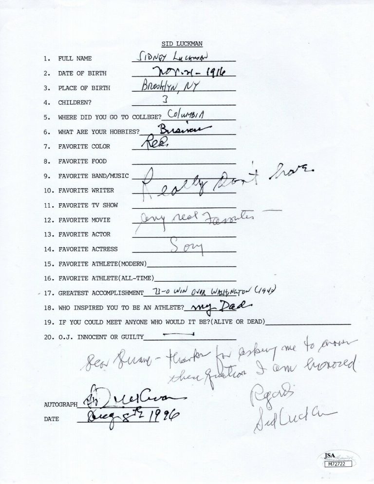 SID LUCKMAN HAND SIGNED+FILLED OUT 20 QUESTIONS BEARS LEGEND RARE HOF COLLECTIBLE MEMORABILIA