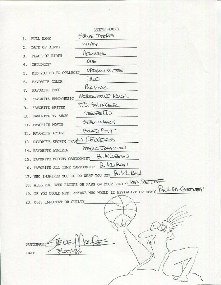 STEVE MOORE SIGNED+FILLED OUT 20 QUESTIONS+COA IN THE BLEACHERS CARTOONIST COLLECTIBLE MEMORABILIA