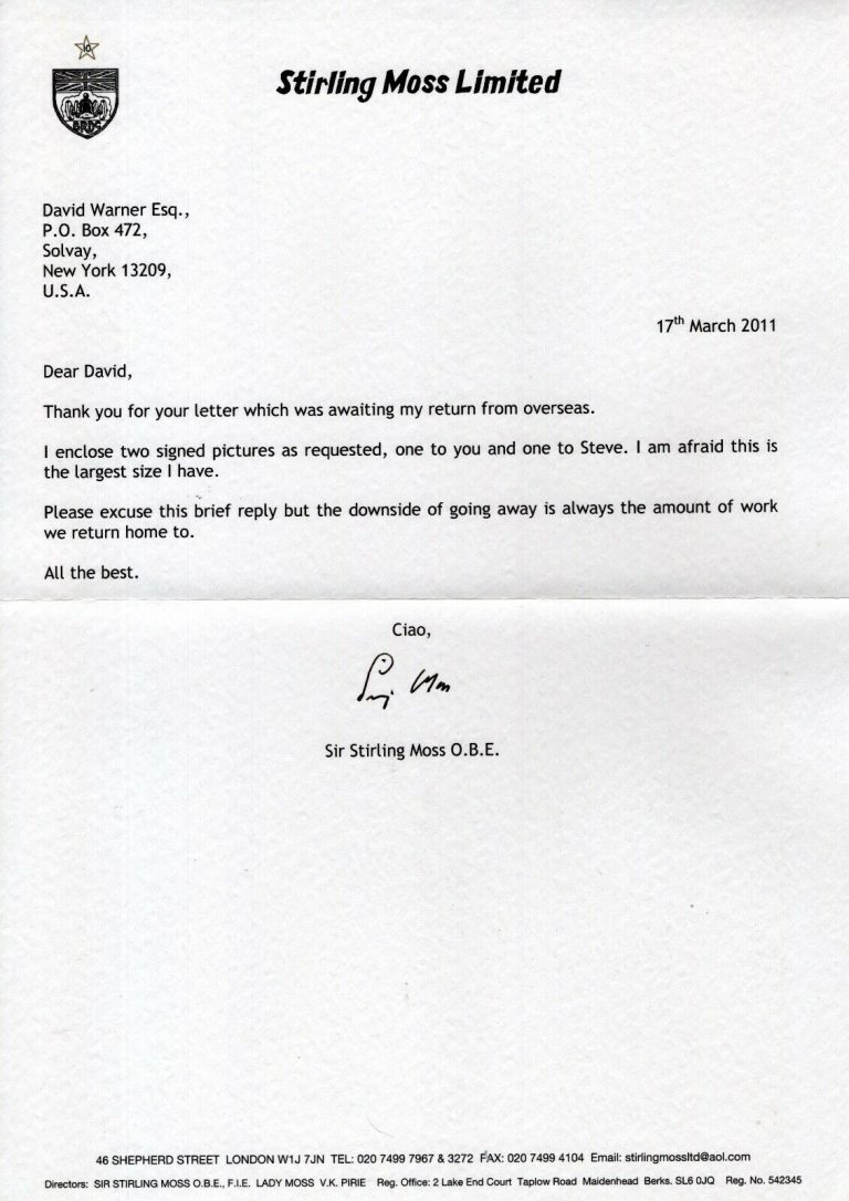 STIRLING MOSS HAND SIGNED TYPED 8×11 LETTER+COA GREAT FORMULA 1 DRIVER COLLECTIBLE MEMORABILIA