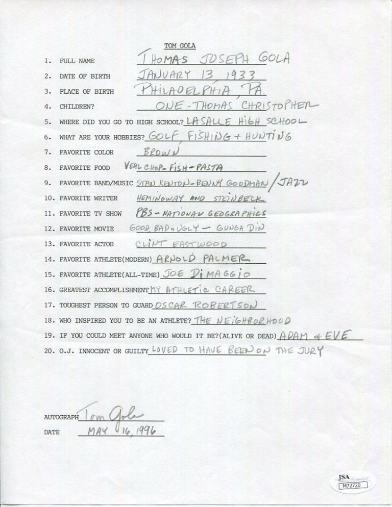 TOM GOLA HAND SIGNED+FILLED OUT 20 QUESTIONS BASKETBALL HOF 76ERS JSA COLLECTIBLE MEMORABILIA