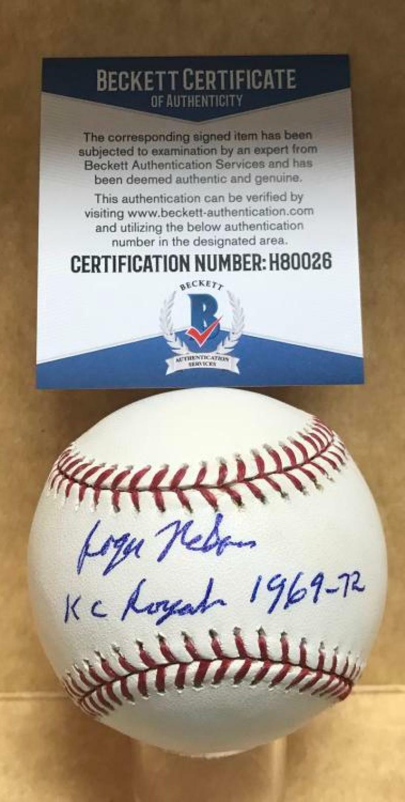 ROGER NELSON KC ROYALS 1969-72 SIGNED M.L. BASEBALL BECKETT H80026