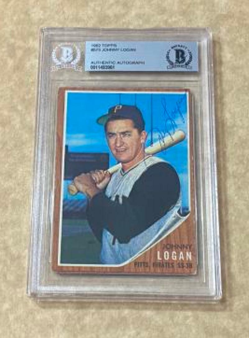 1962 TOPPS JOHNNY LOGAN #573 PIRATES SIGNED CARD BECKETT AUTHENTIC AUTO VINTAGE COLLECTIBLE MEMORABILIA