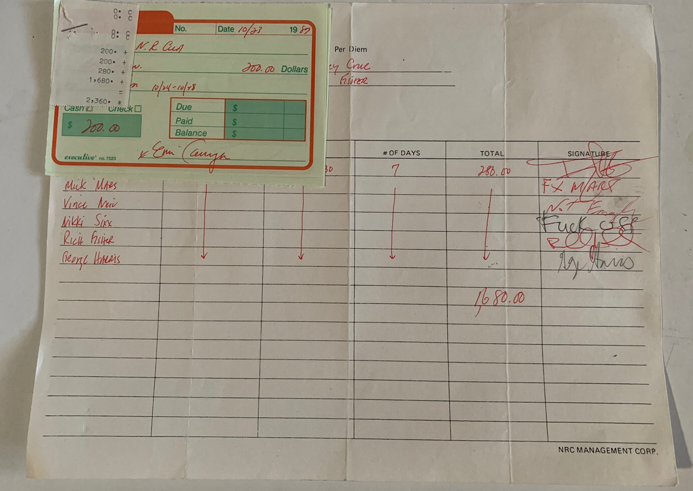 Motley Crue RARE 1987 Band Signed Autograph Per Diem Sheet Funny READ #1