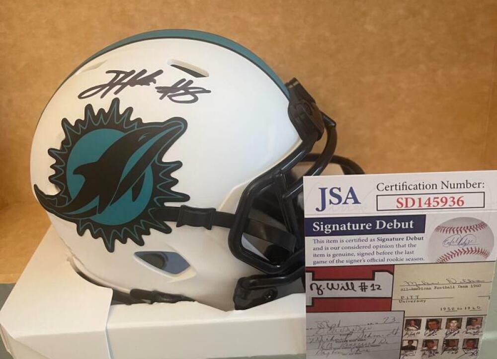 JEVON HOLLAND MIAMI DOLPHINS SIGNED LUNAR MINI HELMET SIGNATURE DEBUT JSA