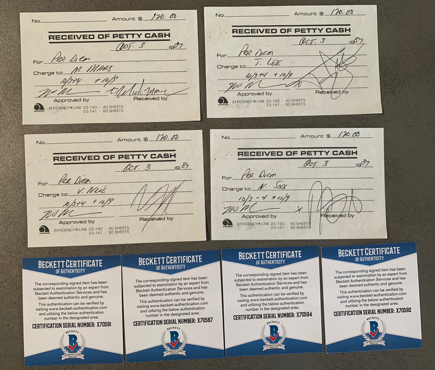 4 MOTLEY CRUE RARE 1987 BAND SIGNED AUTOGRAPH CASH RECEIPTS BECKETT CERTIFIED #2 COLLECTIBLE MEMORABILIA