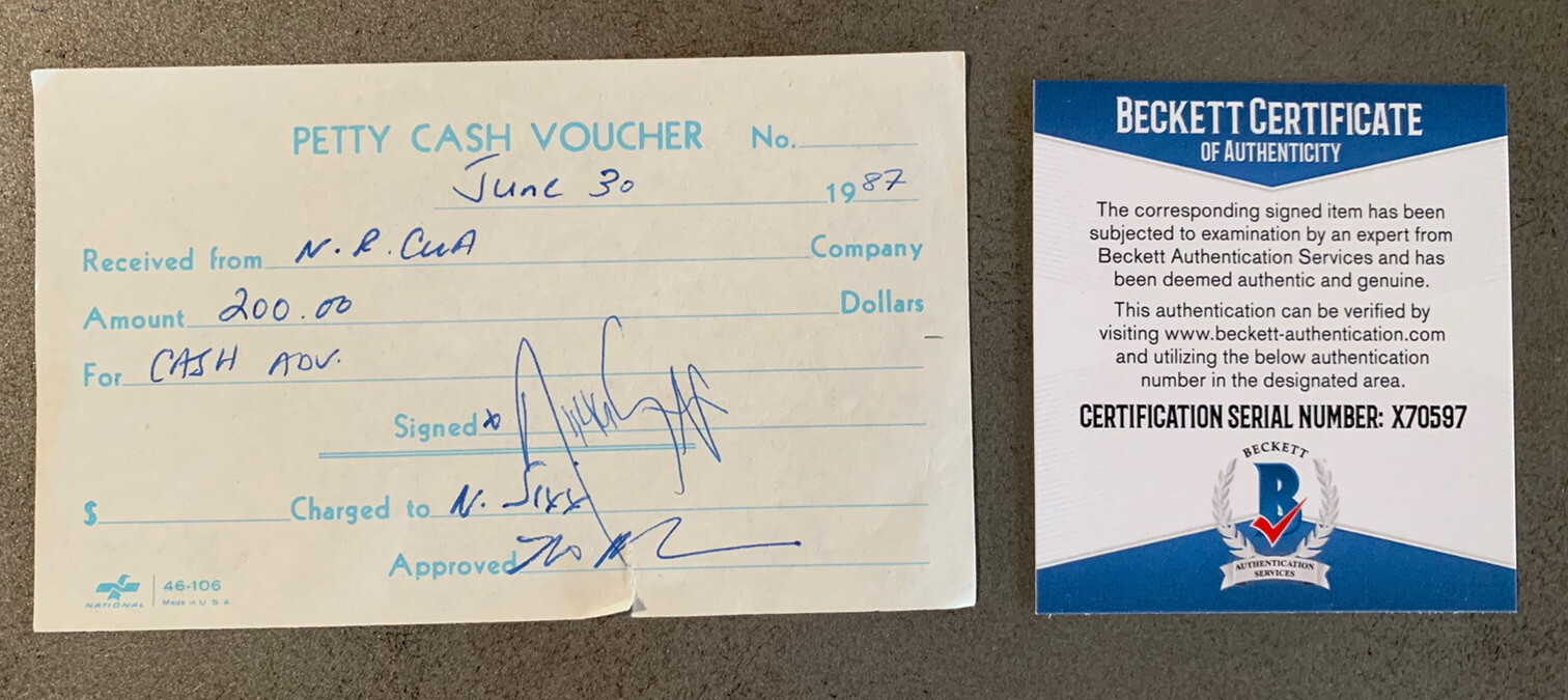 Motley Crue RARE 1987 Nikki Sixx Signed Autographed Receipt Beckett Certified #2