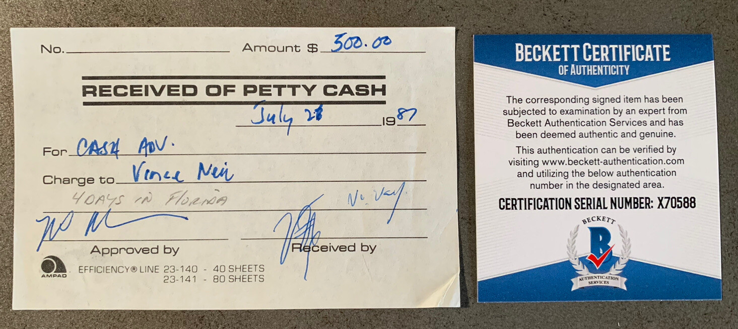 Motley Crue RARE 1987 Vince Neil Signed Autographed Receipt Beckett Certified #2