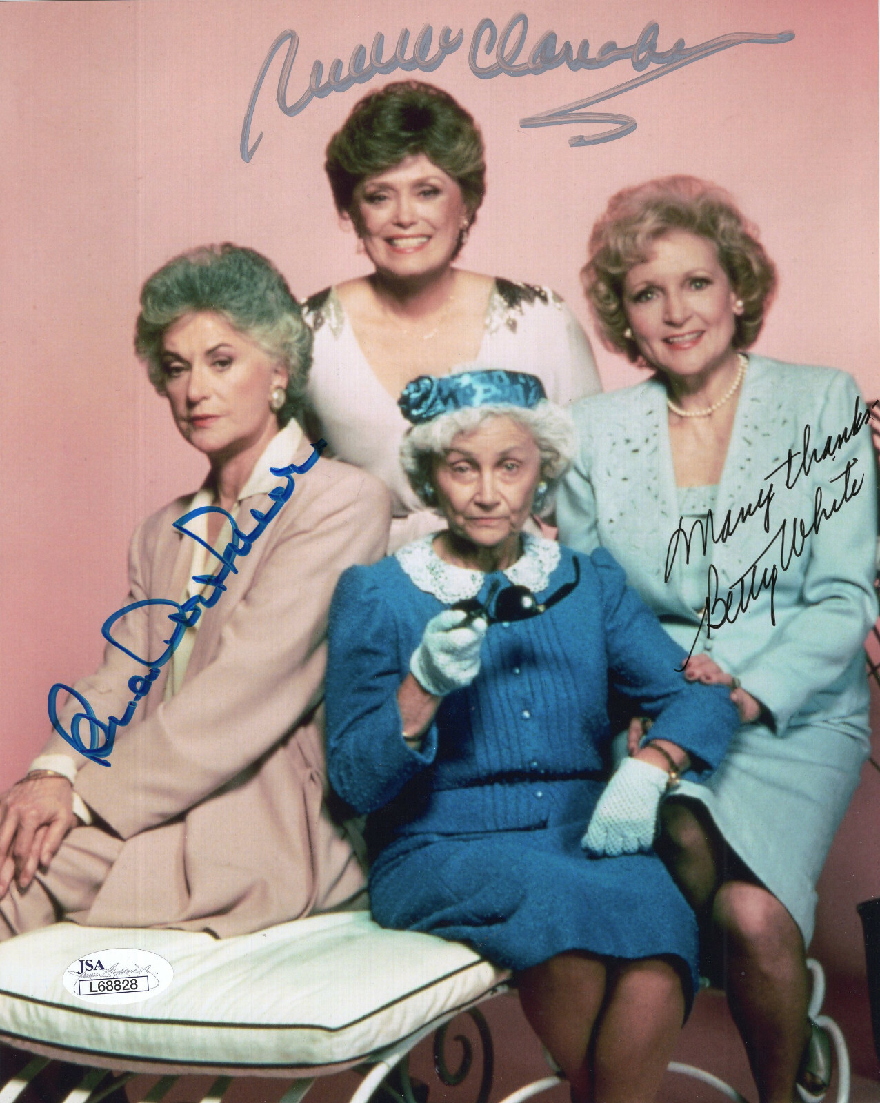 BETTY WHITE HAND SIGNED 8×10 COLOR PHOTO GOLDEN GIRLS CAST BEA+RUE JSA COLLECTIBLE MEMORABILIA