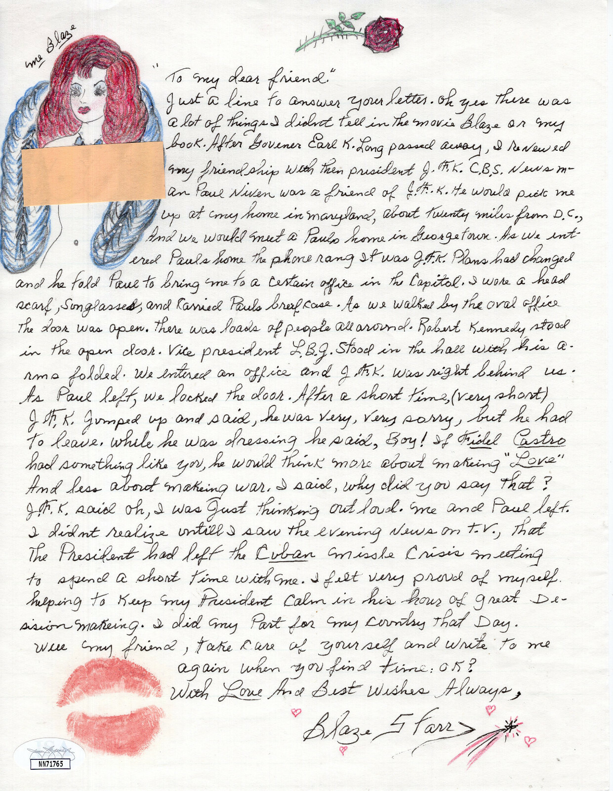 BLAZE STARR HAND SIGNED+HAND WRITTEN LETTER RARE JFK CONTENT+ORIGINAL ART JSA COLLECTIBLE MEMORABILIA