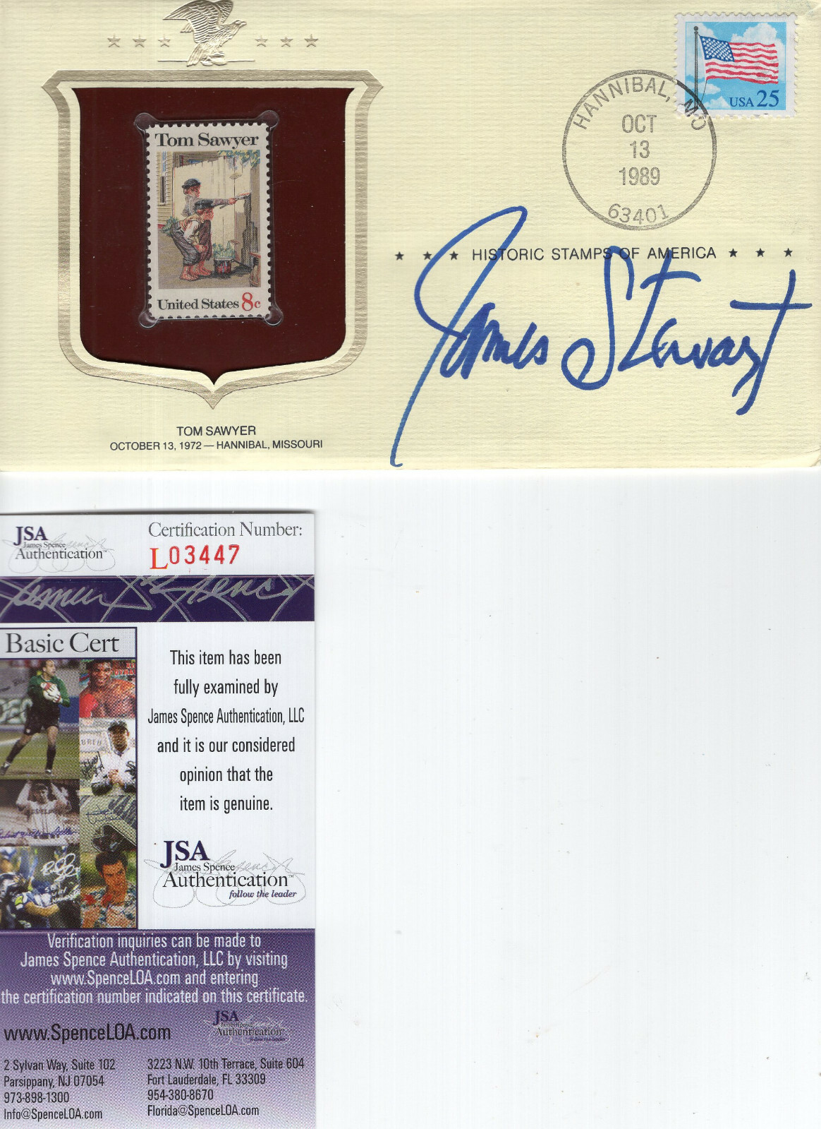 JAMES STEWART HAND SIGNED TOM SAWYER FIRST DAY COVER 1989 AWESOME JSA