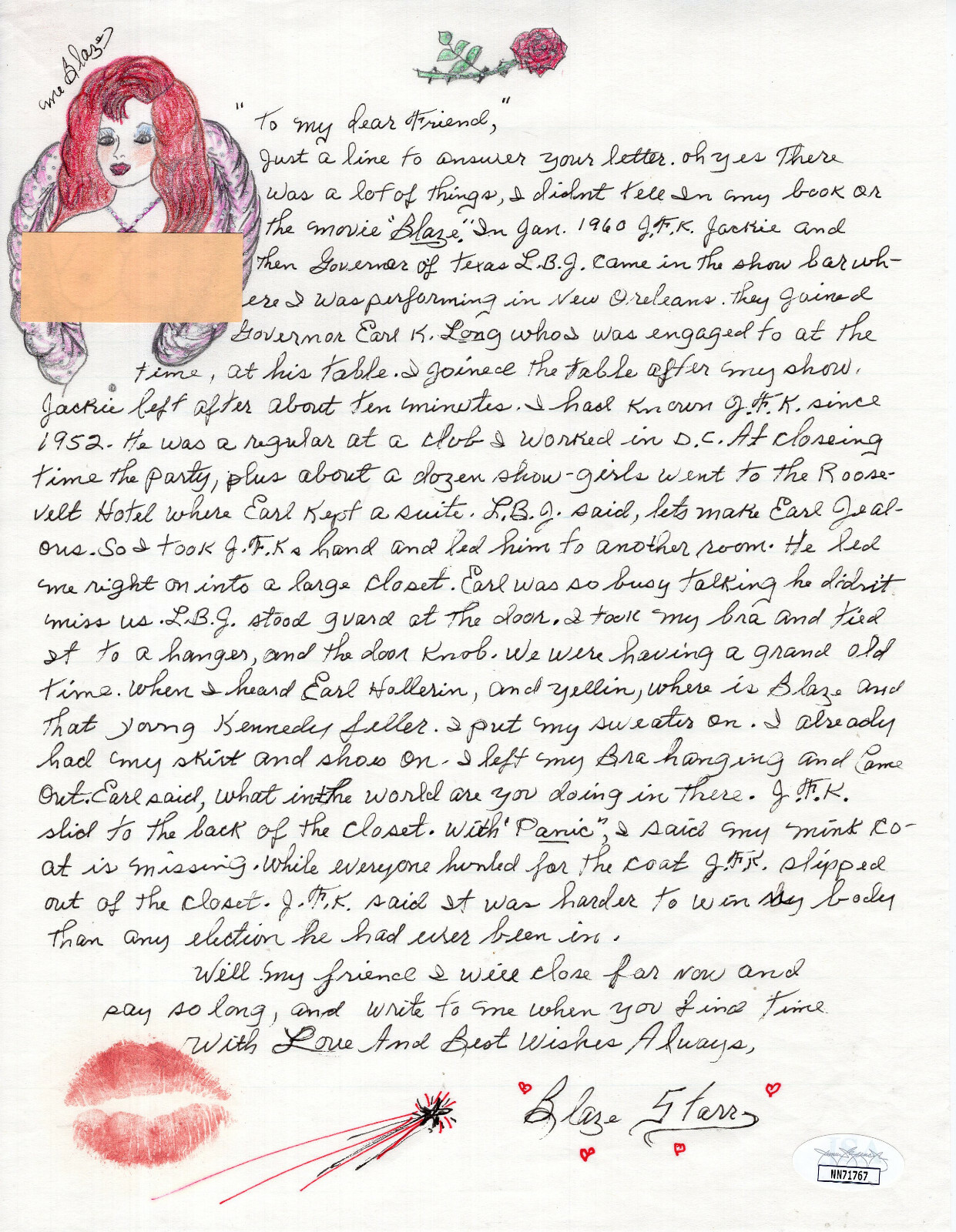 BLAZE STARR HAND SIGNED+HAND WRITTEN LETTER ORIGINAL ART+JFK CONTENT JSA COLLECTIBLE MEMORABILIA