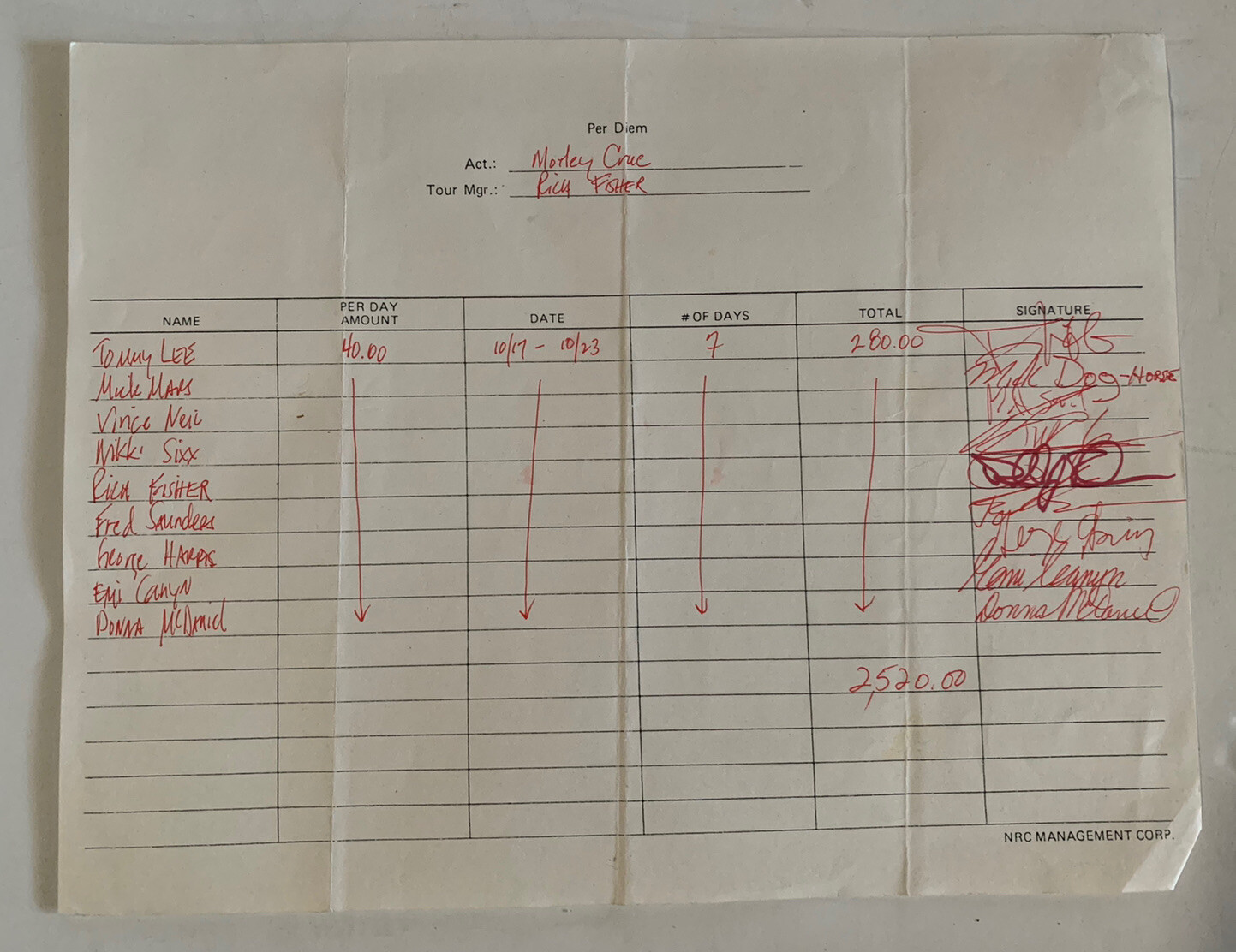 Motley Crue RARE 1987 Band Signed Autograph Per Diem Sheet Funny READ #2