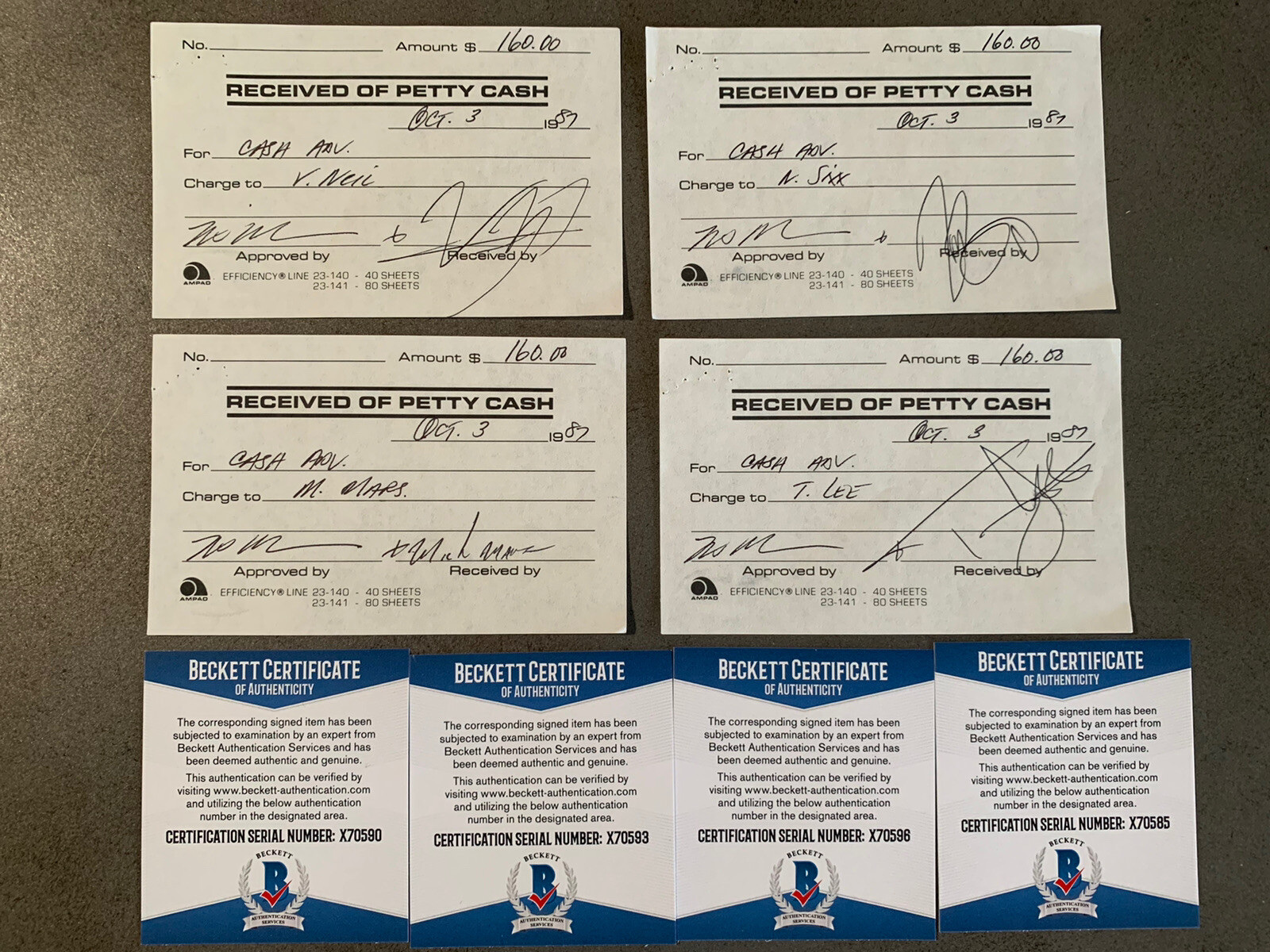 4 MOTLEY CRUE RARE 1987 BAND SIGNED AUTOGRAPH CASH RECEIPTS BECKETT CERTIFIED #1 COLLECTIBLE MEMORABILIA