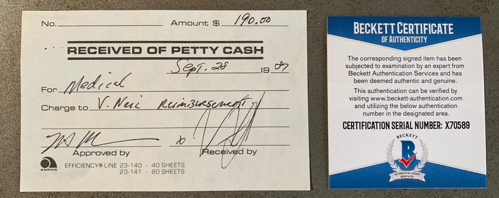 Motley Crue RARE 1987 Vince Neil Signed Autographed Receipt Beckett Certified #1