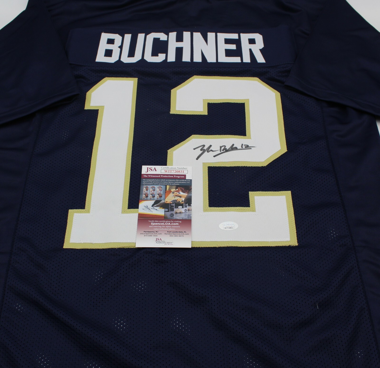 TYLER BUCHNER SIGNED CUSTOM NOTRE DAME BLUE JERSEY W/JSA COA WITNESS #1 COLLECTIBLE MEMORABILIA