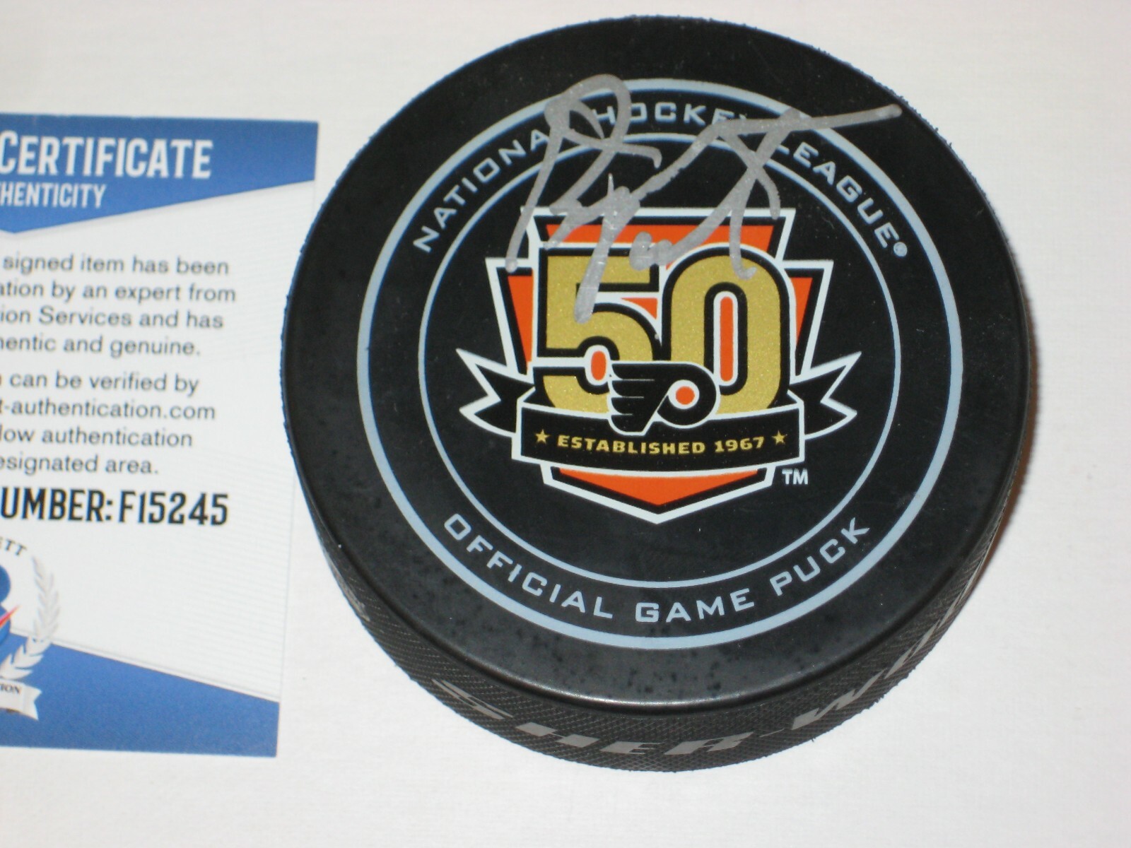BERNIE PARENT Signed FLYERS 50th Anniversary Official GAME Puck w/ Beckett COA