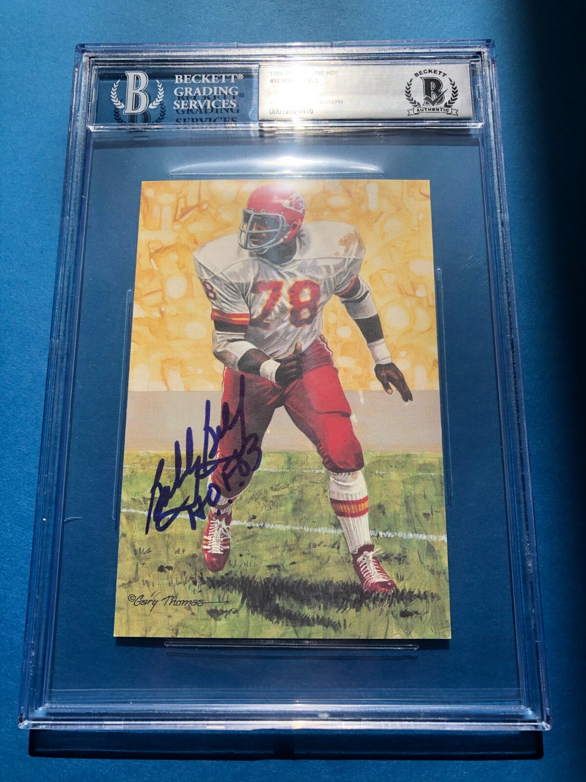 BOBBY BELL Signed GOAL LINE ART Card #32 Beckett BAS & HOF Inscription