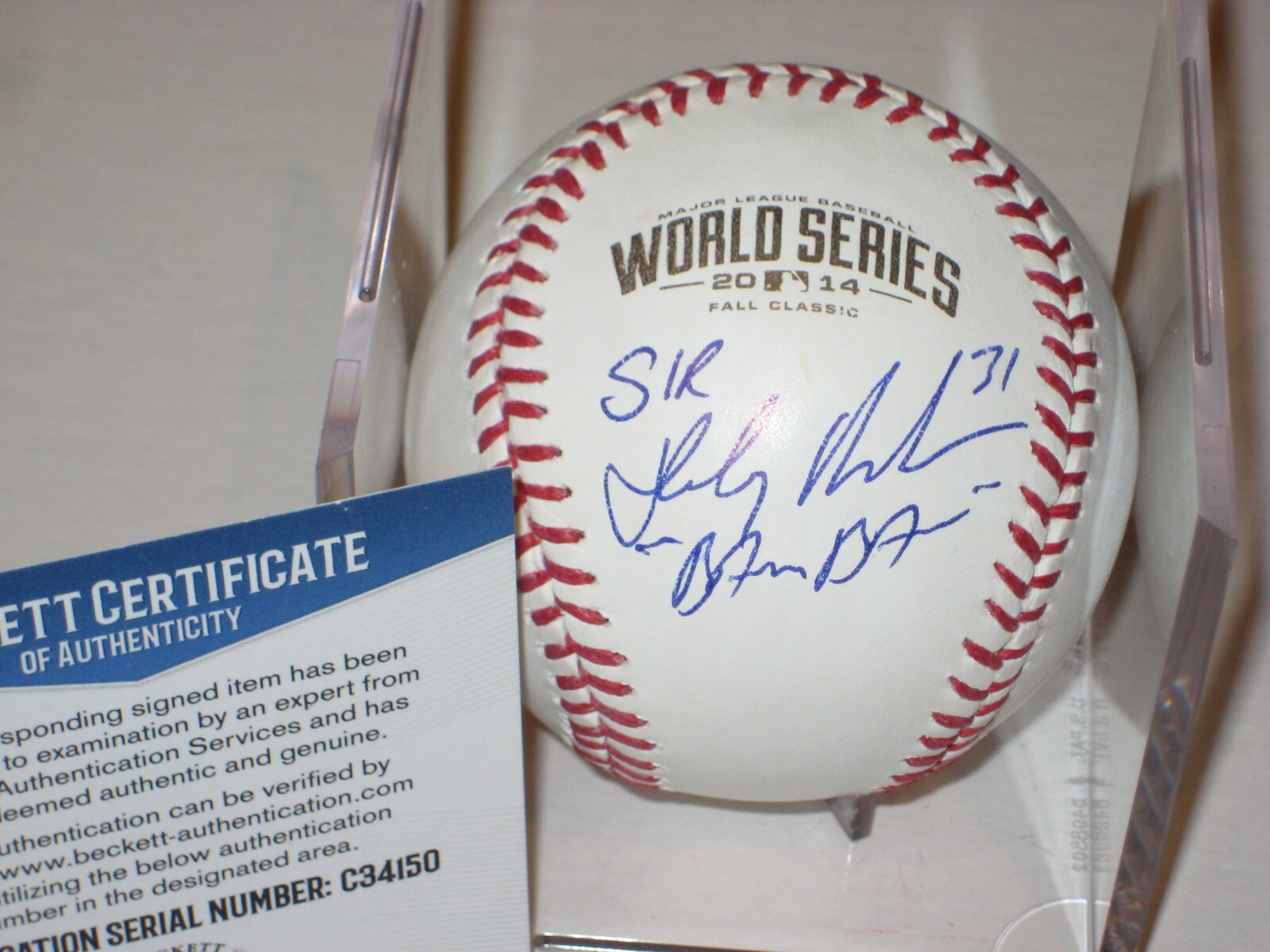 HENSLEY MEULENS Signed Official 2014 WORLD SERIES Baseball w/ Beckett COA & Insc
