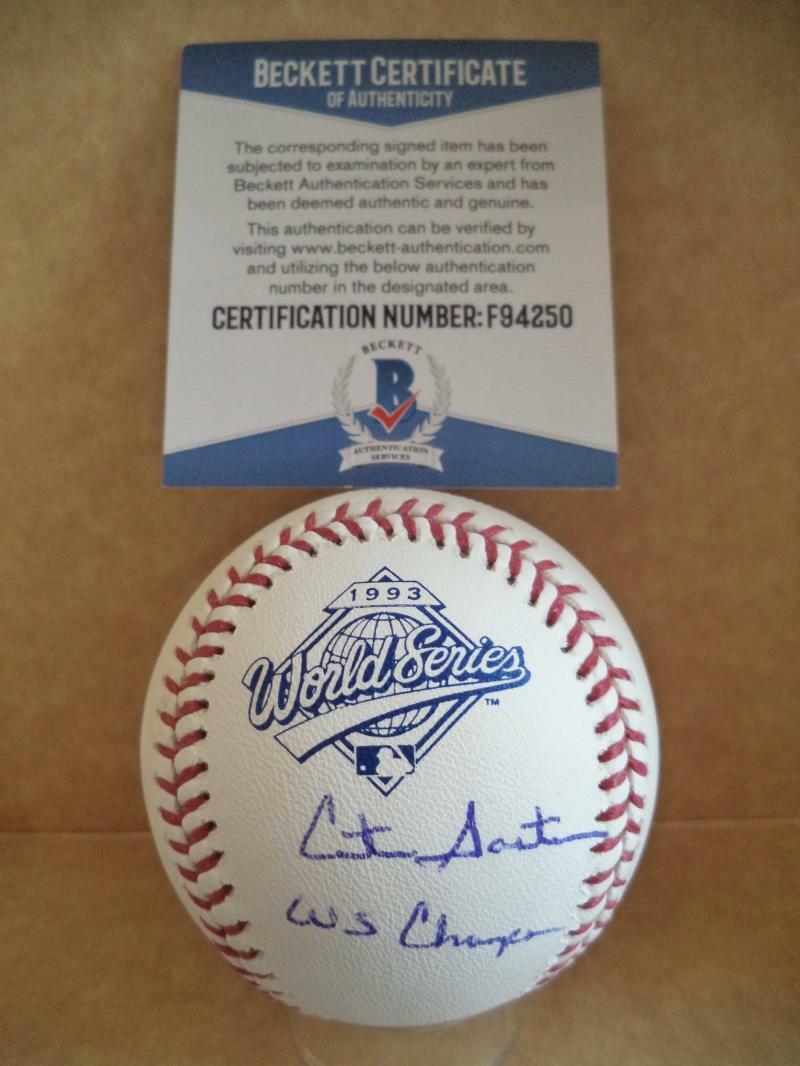 CITO GASTON BLUE JAYS SIGNED UNDER 1993 WS LOGO BASEBALL BECKETT F94250