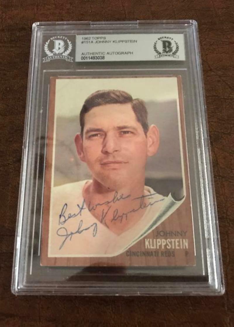 1962 TOPPS JOHNNY KLIPPSTEIN REDS SIGNED CARD BECKETT AUTOGRAPH