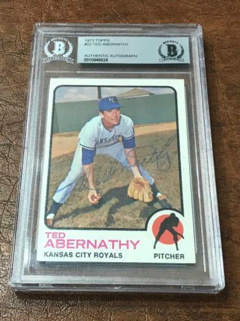 1973 TOPPS TED ABERNATHY ROYALS SIGNED CARD BECKETT AUTHENTIC