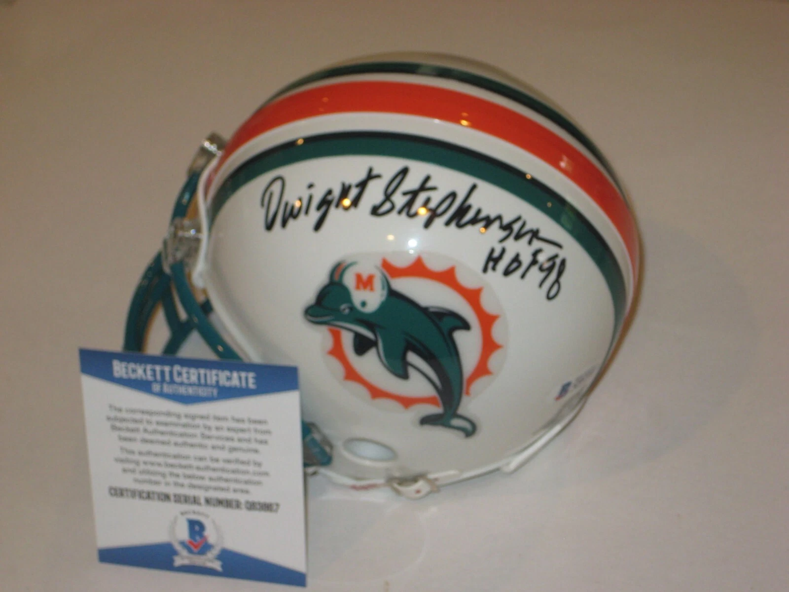 DWIGHT STEPHENSON Signed Miami DOLPHINS Mini-helmet w/ Beckett COA & HOF Inscr