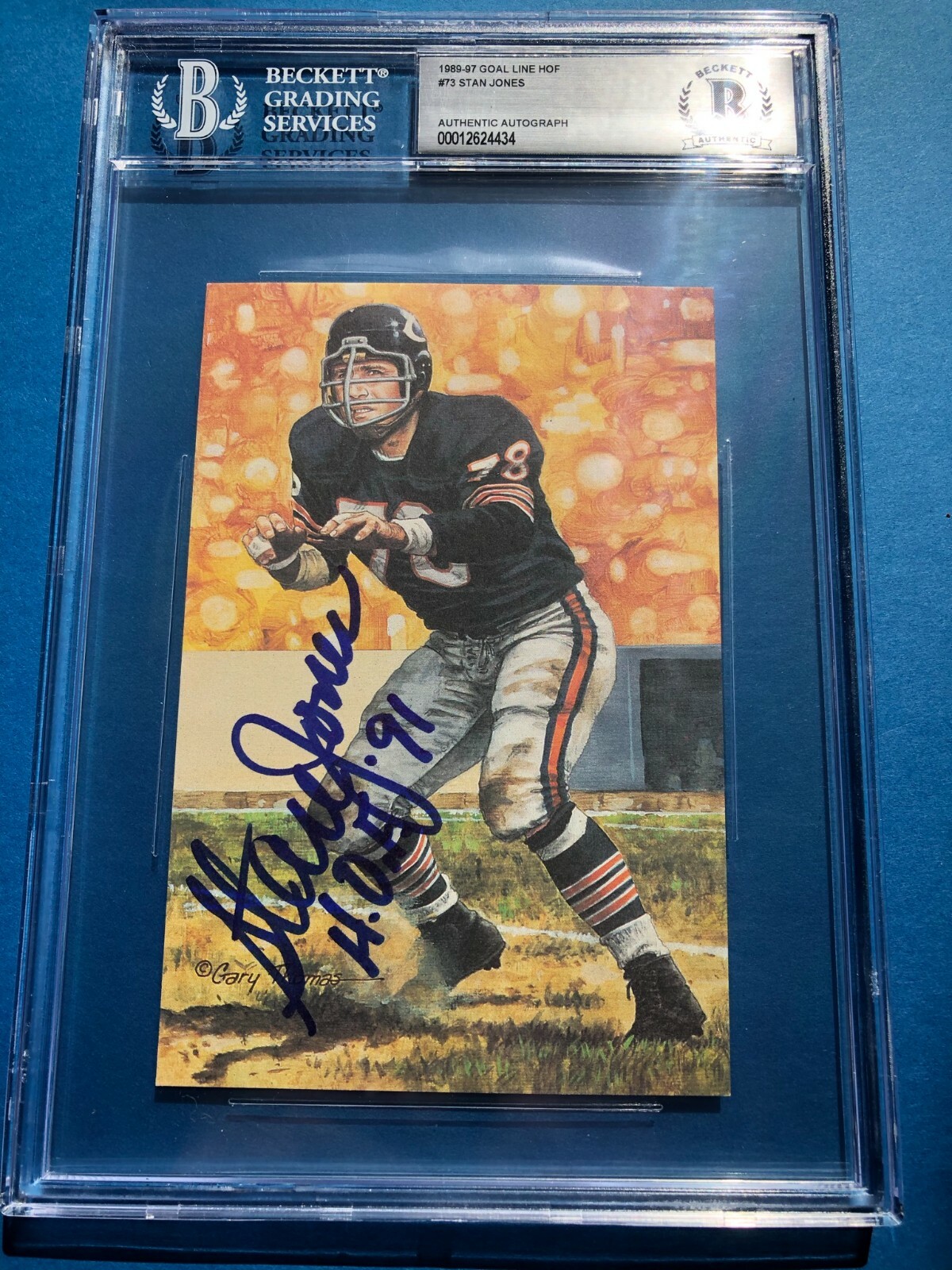 STAN JONES Signed GOAL LINE ART Card #73 Beckett BAS w/ HOF Inscription