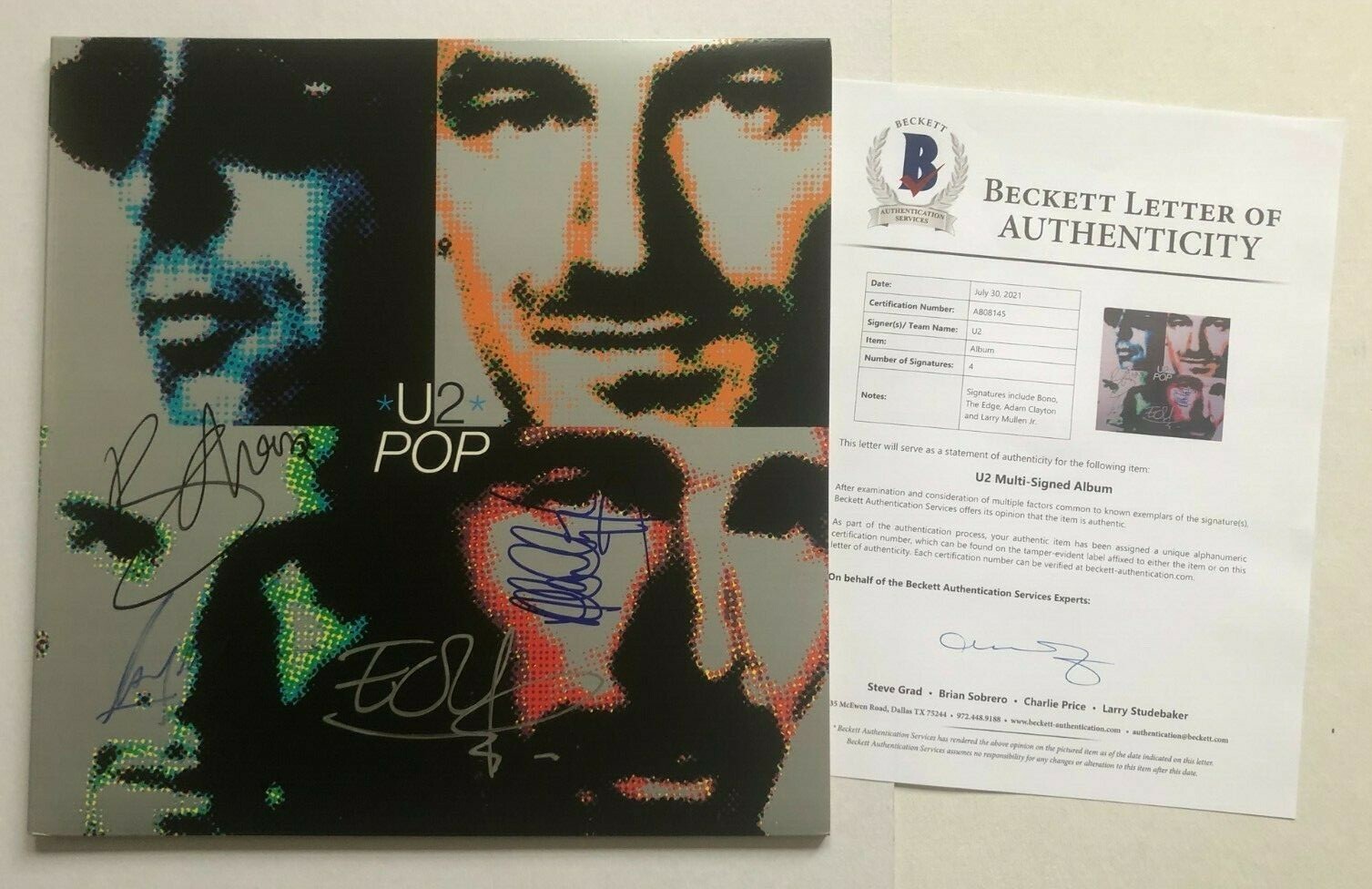 U2 (Bono, Edge, Clayton & Mullen) Signed POP LP ALBUM COVER w/ Beckett BAS LOA