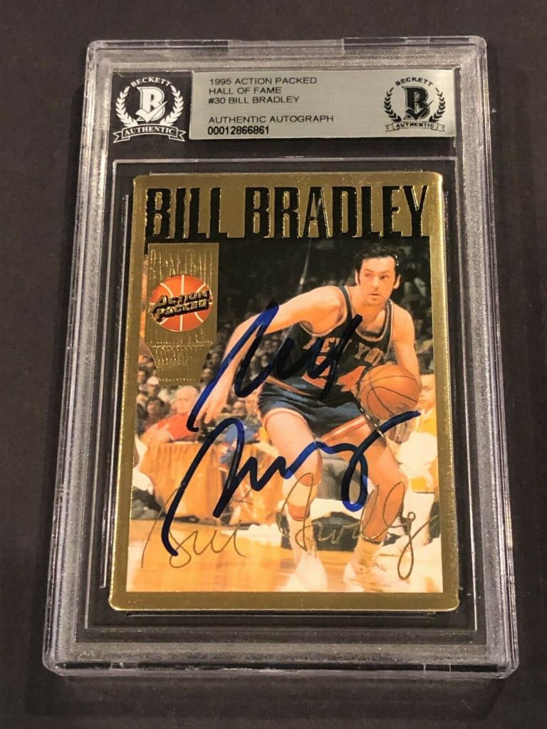 BILL BRADLEY SIGNED 1995 ACTION PACKED HALL OF FAME CARD #30 BECKETT (BAS) COLLECTIBLE MEMORABILIA