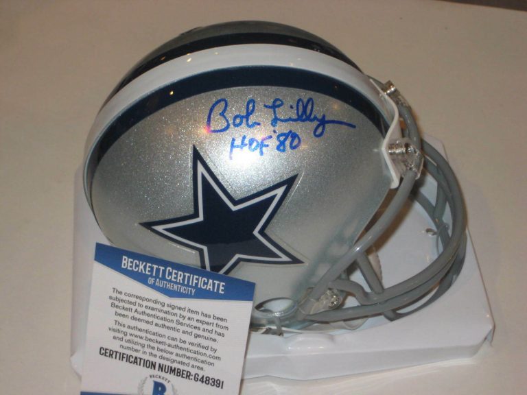 BOB LILLY SIGNED DALLAS COWBOYS MINI-HELMET W/ BECKETT COA & HOF INSC COLLECTIBLE MEMORABILIA