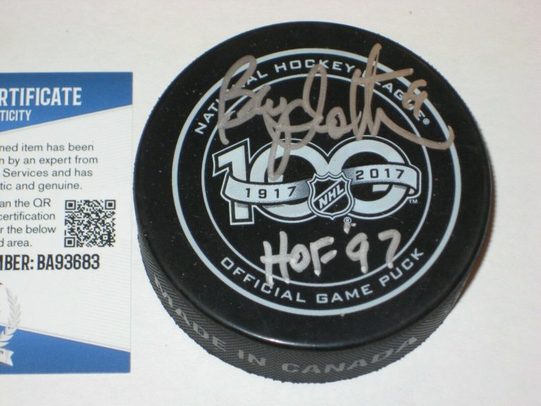 BRYAN TROTTIER SIGNED 100TH ANNIV. OFFICIAL GAME PUCK W/ BECKETT COA & HOF INSCR COLLECTIBLE MEMORABILIA