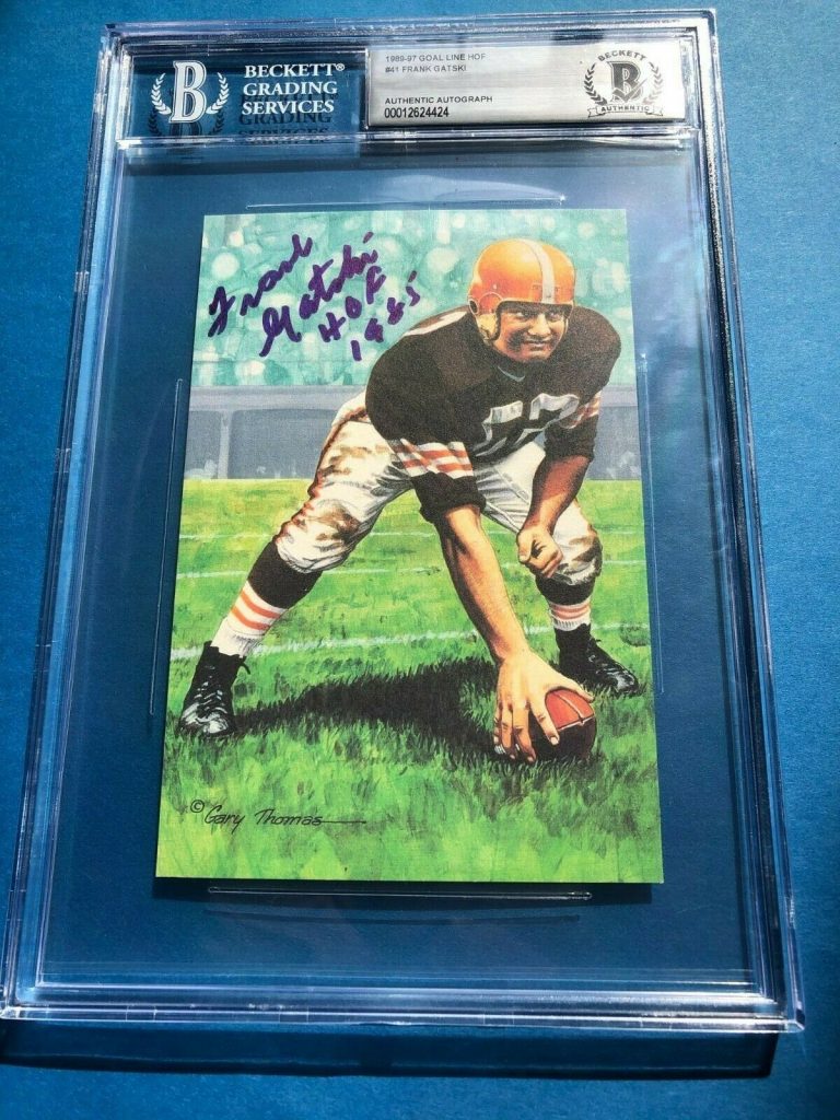 FRANK GATSKI SIGNED GOAL LINE ART CARD #101 BECKETT BAS W/ HOF INSCRIPTION COLLECTIBLE MEMORABILIA