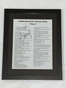 GABBY BARRETT SIGNED FRAMED “I HOPE” LYRIC SHEET COUNTRY STAR PROOF COLLECTIBLE MEMORABILIA