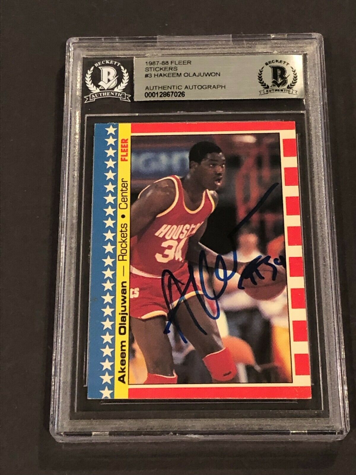 HAKEEM OLAJUWON Signed 1987-88 FLEER STICKERS Card #3 Beckett (BAS ...