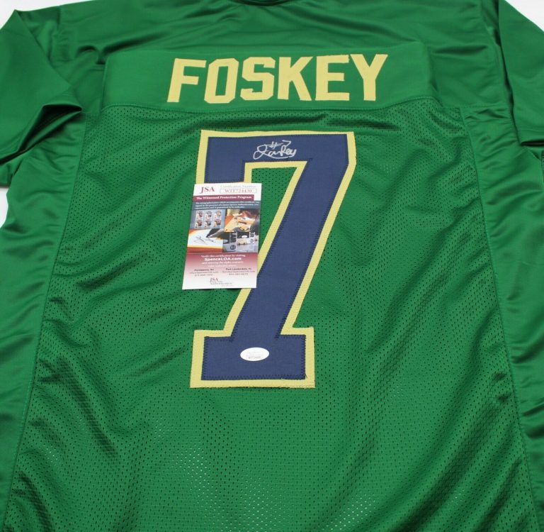 ISAIAH FOSKEY SIGNED CUSTOM GREEN NOTRE DAME JERSEY W/JSA COA WITNESS PROOF COLLECTIBLE MEMORABILIA