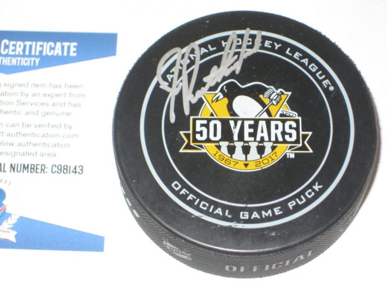 JIM RUTHERFORD SIGNED OFFICIAL PENGUINS 50TH ANNIVERSARY GAME PUCK W BECKETT COA COLLECTIBLE MEMORABILIA