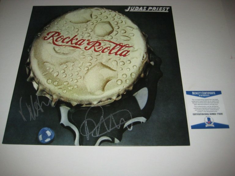 JUDAS PRIEST (ROB HALFORD & IAN HILL) SIGNED ROCKA ROLLA LP COVER W/ BECKETT COA COLLECTIBLE MEMORABILIA