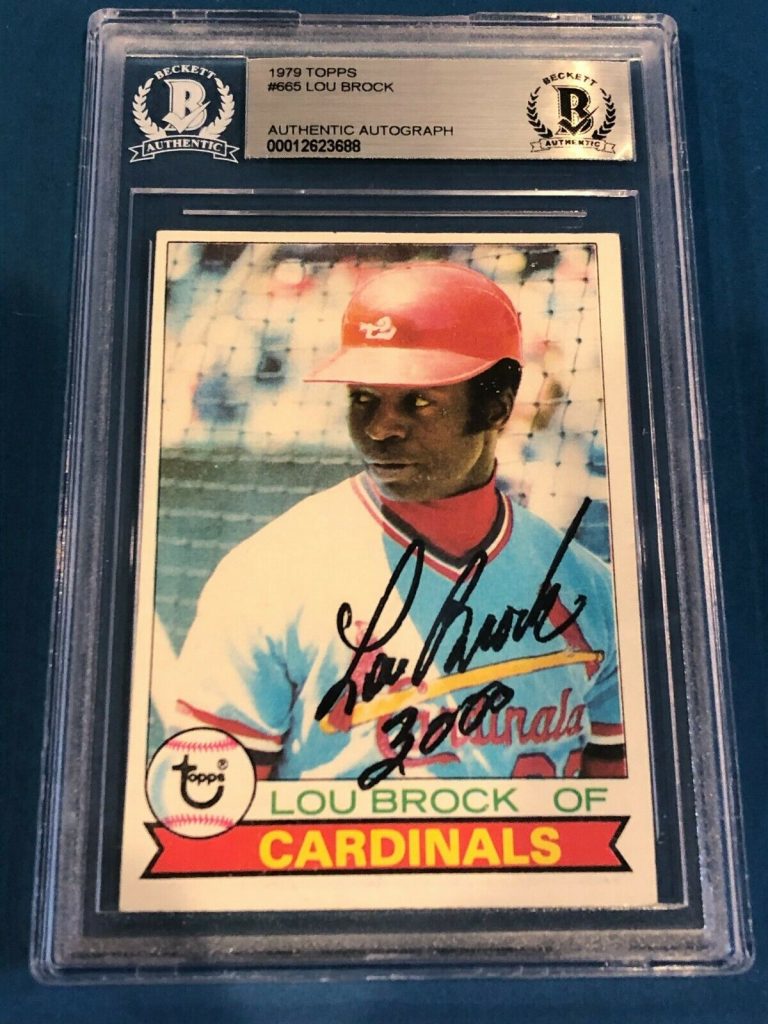 LOU BROCK SIGNED 1979 TOPPS CARD #665 BECKETT AUTHENTICATED BAS W/ INSCRIPTION COLLECTIBLE MEMORABILIA