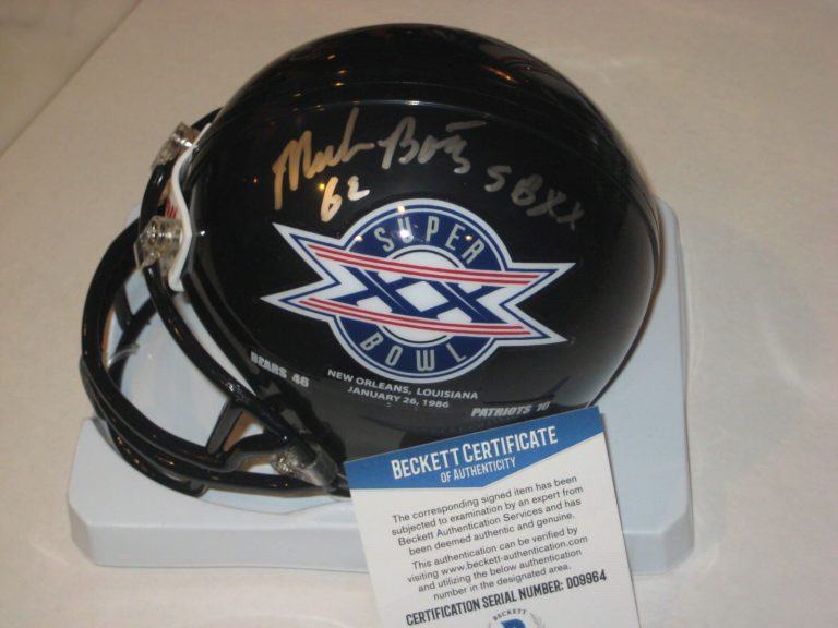 MARK BORTZ (BEARS) SIGNED SUPER BOWL XX MINI-HELMET W/ BECKETT COA & INSCRIPTION COLLECTIBLE MEMORABILIA