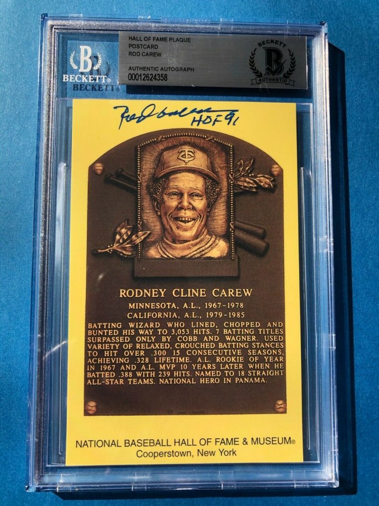 ROD CAREW SIGNED HALL OF FAME PLAQUE POSTCARD BECKETT BAS W/ HOF INSCRIPTION COLLECTIBLE MEMORABILIA