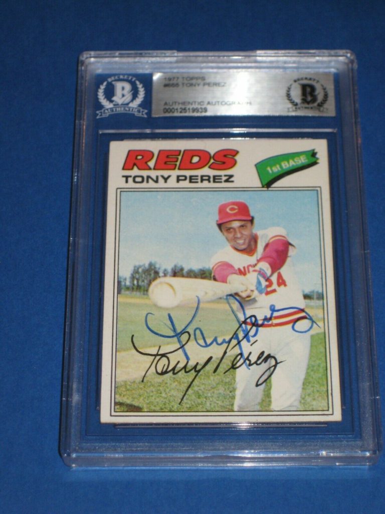 TONY PEREZ (CINCINNATI REDS) SIGNED 1977 TOPPS CARD #655 BECKETT AUTHENTICATED COLLECTIBLE MEMORABILIA