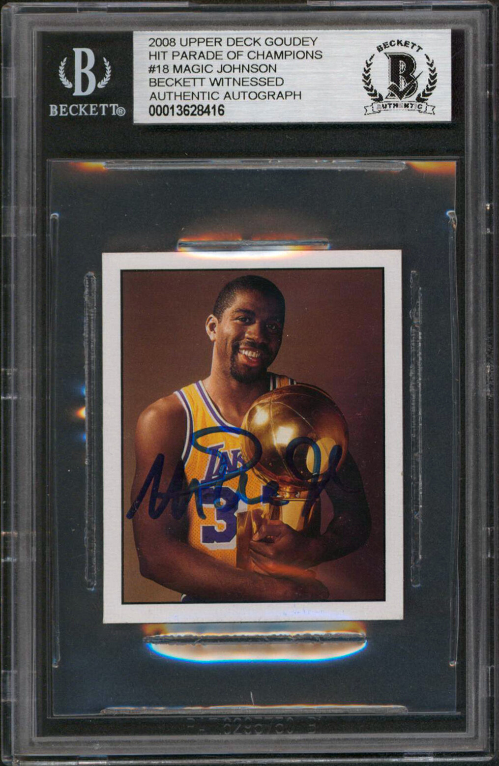 Lakers Magic Johnson Signed 2008 Upper Deck Goudey Hit POC #18 Card BAS Slabbed