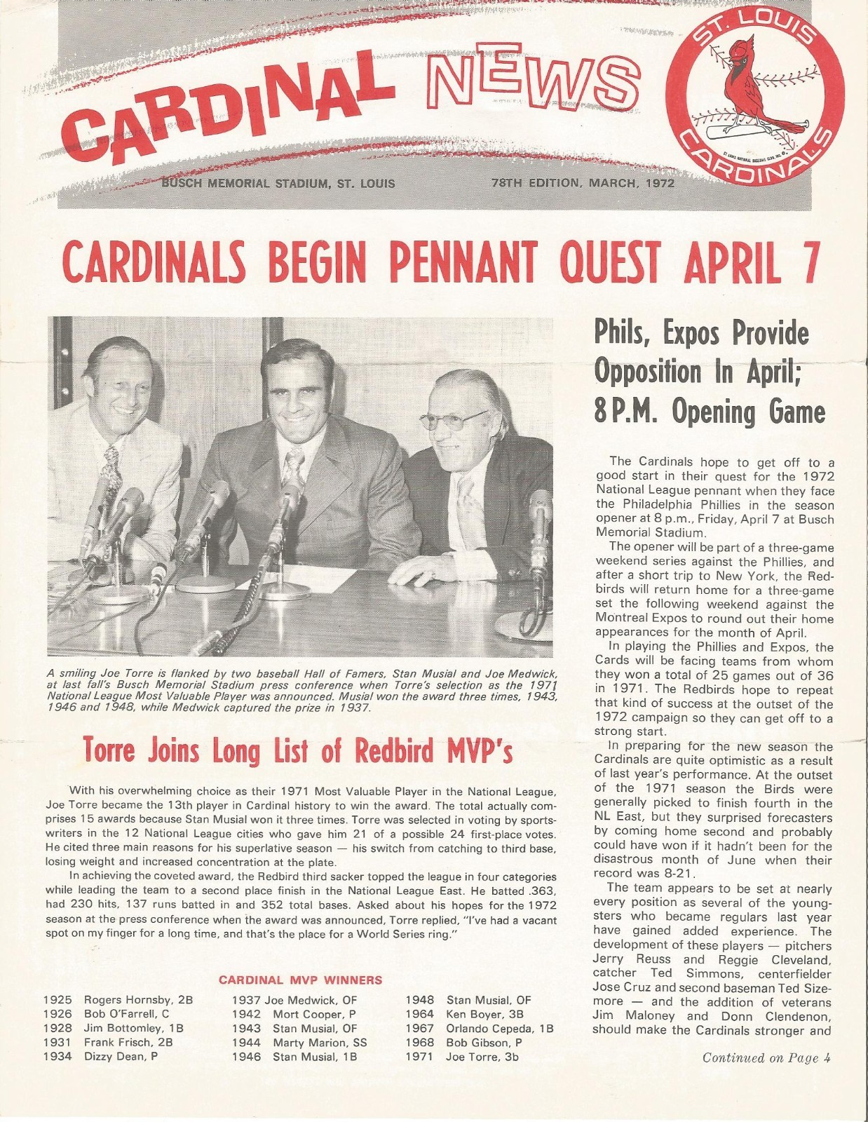 ST LOUIS CARDINALS MLB 1972 78TH EDITION MARCH CARDINALS NEWS