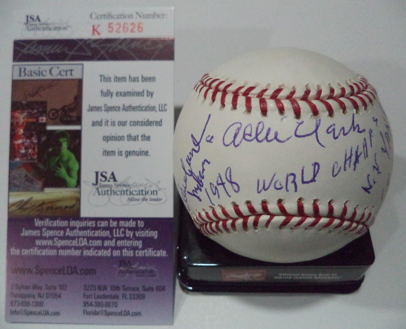 ALLIE CLARK STAT BALL W.S. CHAMPS 1947 1948 SIGNED AUTO BASEBALL JSA COA #K52626