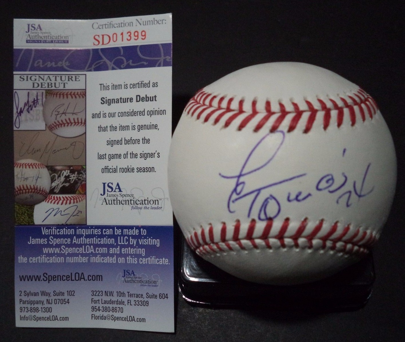 YOSMANY TOMAS DIAMONDBACKS SIGNED M.L. BASEBALL SIGNATURE DEBUT JSA COA #SD01399