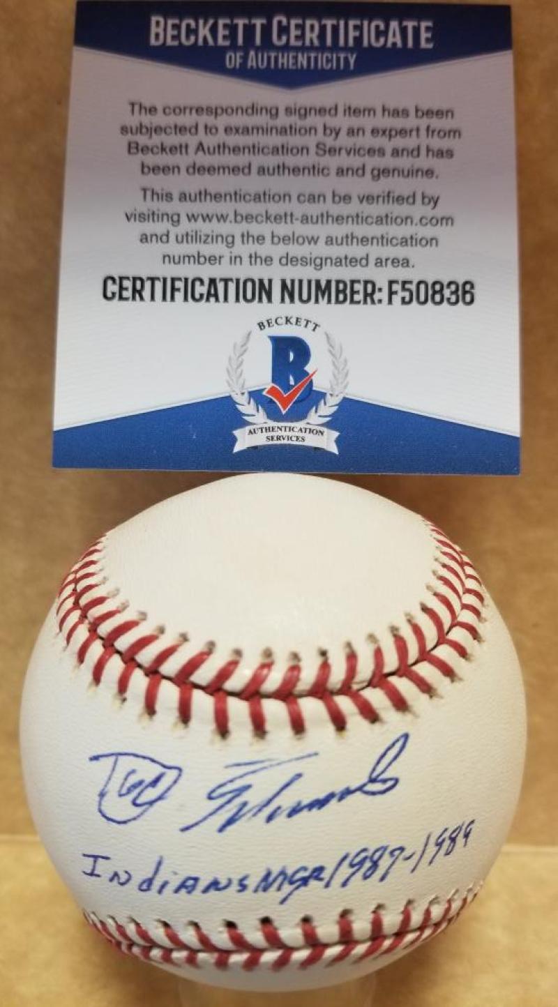 DOC EDWARDS INDIANS MANAGER 1987-1989 SIGNED M.L. BASEBALL BECKETT F50836