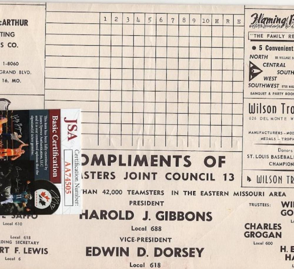 BING DEVINE 1964 ST. LOUIS SCORECARD SIGNED RARE W/ JSA AA74505