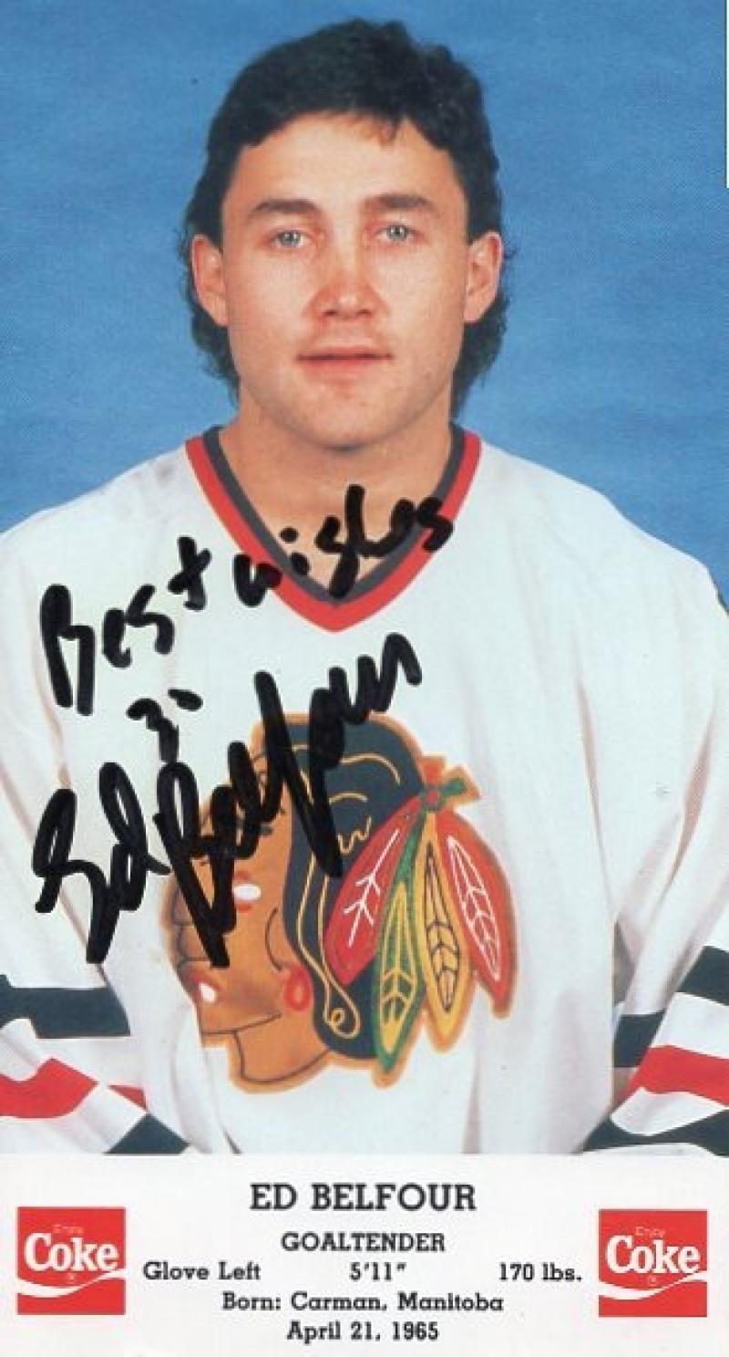 ED BELFOUR CHICAGO BLACK HAWKS SIGNED COKE CARD OVERSIZED W/ JSA AA74496