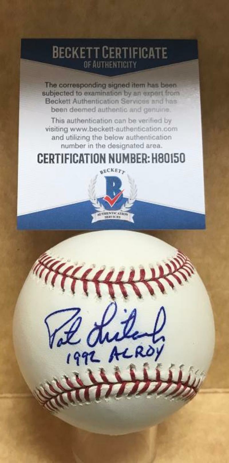 PAT LISTACH 1992 AL ROY SIGNED M.L. BASEBALL BECKETT H80150