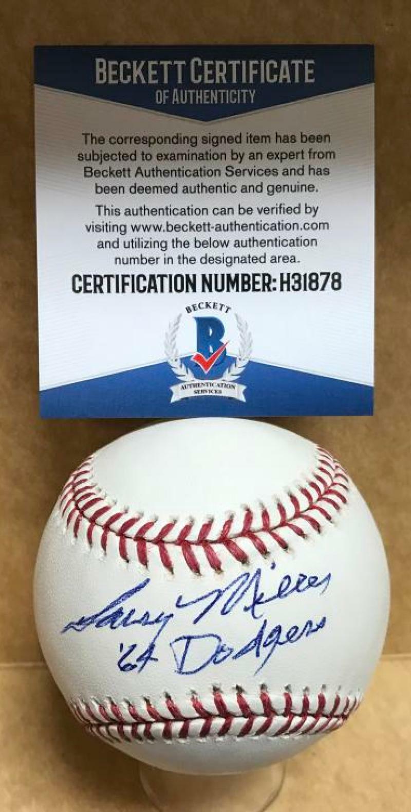 LARRY MILLER 64 DODGERS SIGNED AUTOGRAPHED M.L. BASEBALL BECKETT H31878